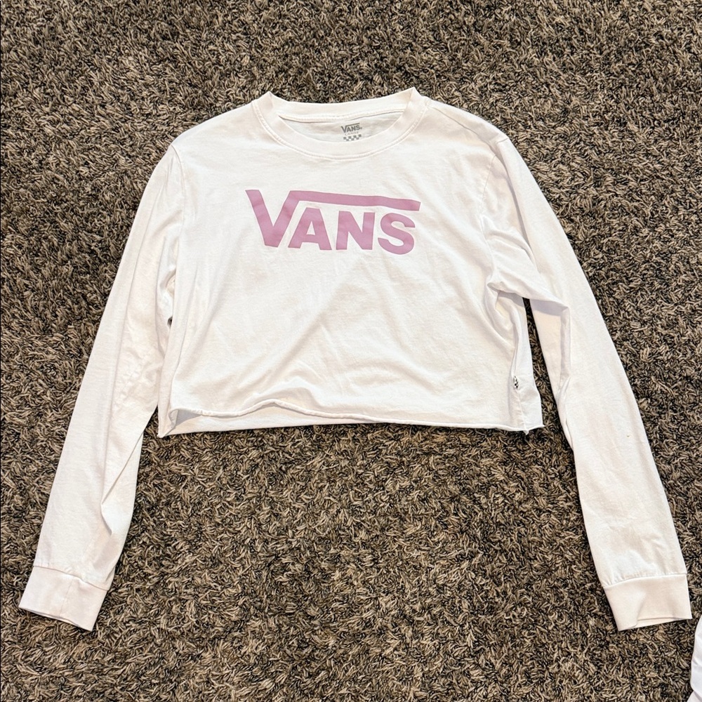 Vans White and Pink Logo Cropped Long Sleeve